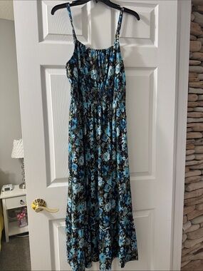 Grace Karin Black and Blue Floral Smocked Maxi Dress